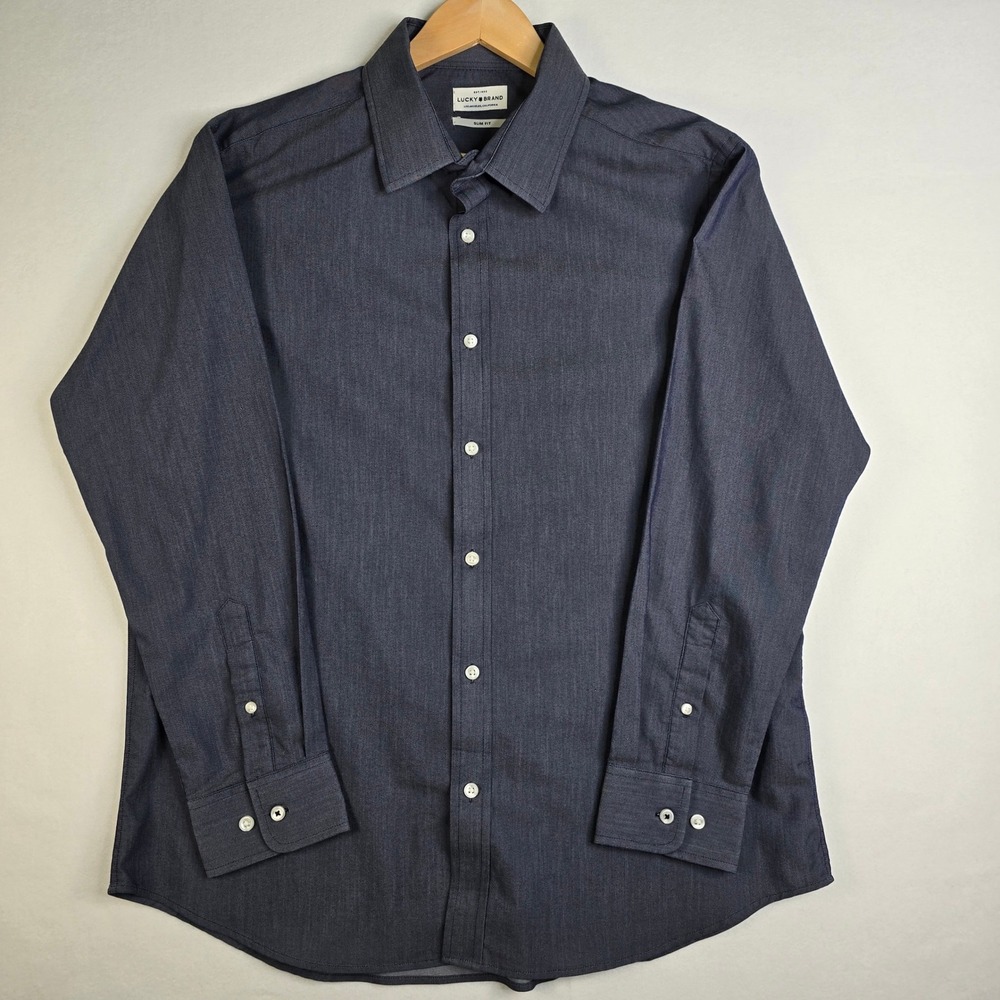 Lucky Brand Mens Slim Fit Long Sleeve Button Down Shirt Navy Blue Large 16-16.5